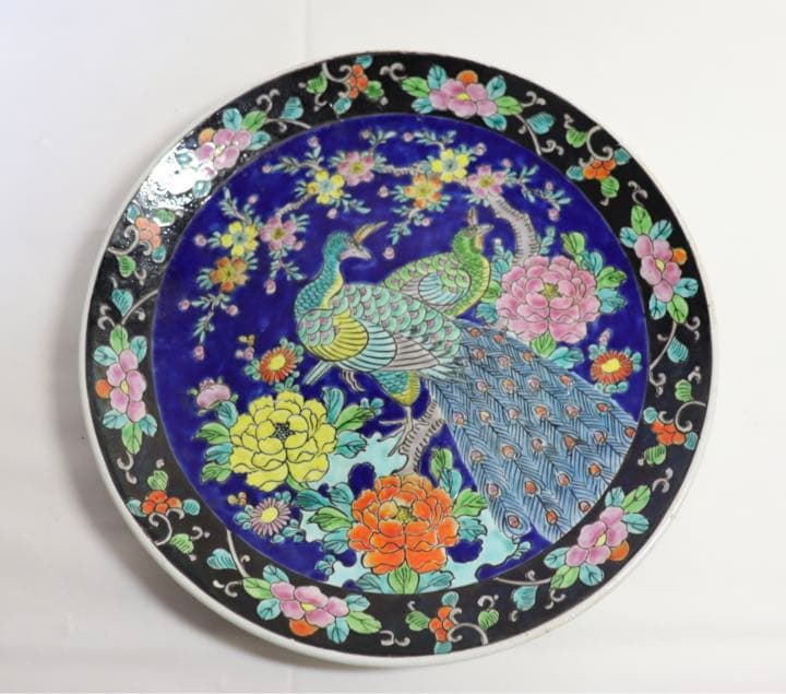 時代　粉彩大皿　孔雀牡丹　送料込み1124