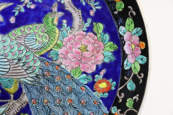 時代　粉彩大皿　孔雀牡丹　送料込み1124