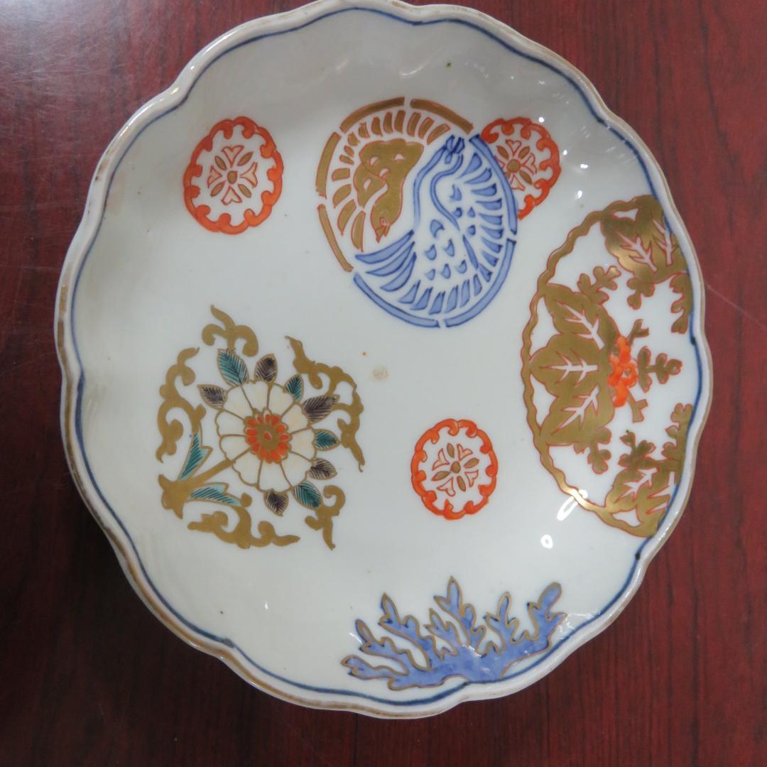中皿 金彩 色絵付 3枚 歪み 窯傷 高台欠け 鳥文様 花文様 江戸
