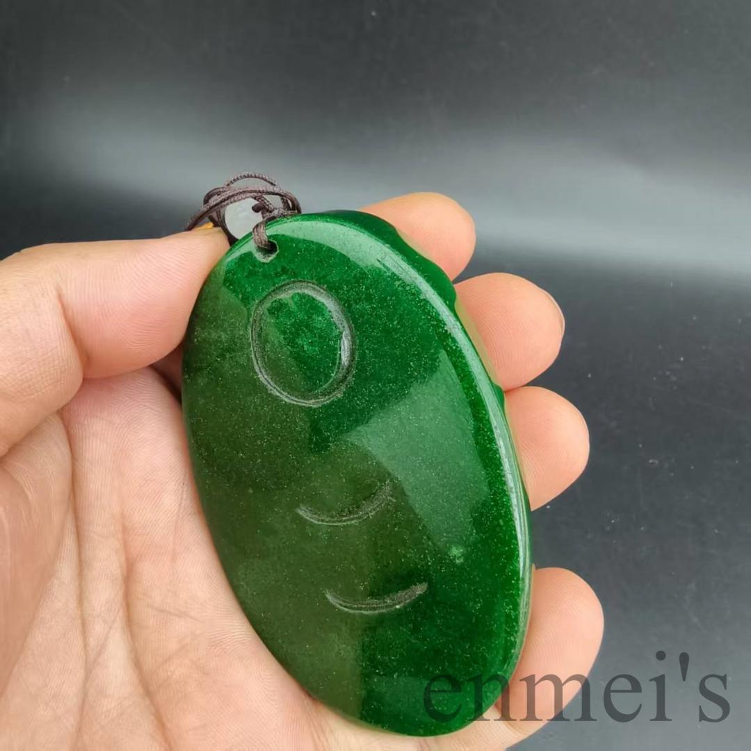 中国古美術 ミャンマー 満緑 翡翠 招財仏 把玩件 手工細彫 古玉 ペンダント