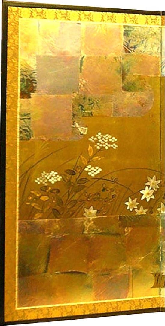 四つ折り屏風　日本画　金箔彩色　浮世花見