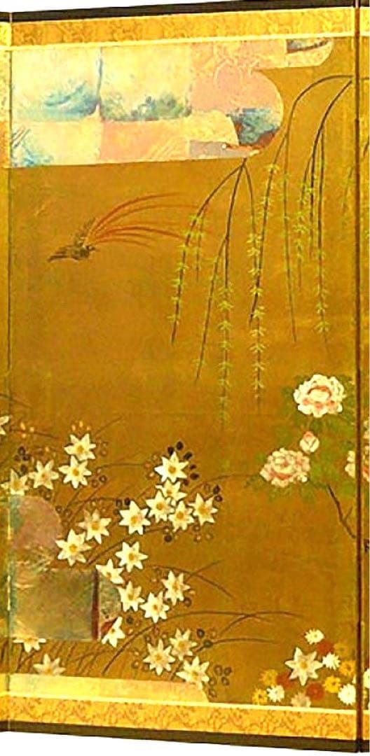 四つ折り屏風　日本画　金箔彩色　浮世花見