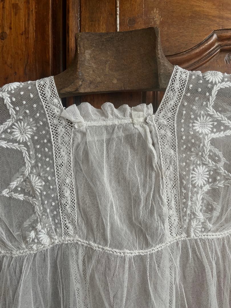 ◆フランスアンティーク｜セレモニーベビードレスB洗礼式白レース透け感テディベア