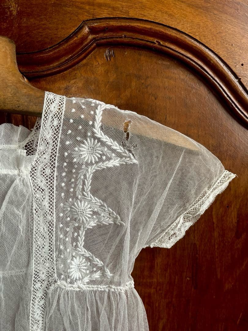 ◆フランスアンティーク｜セレモニーベビードレスB洗礼式白レース透け感テディベア