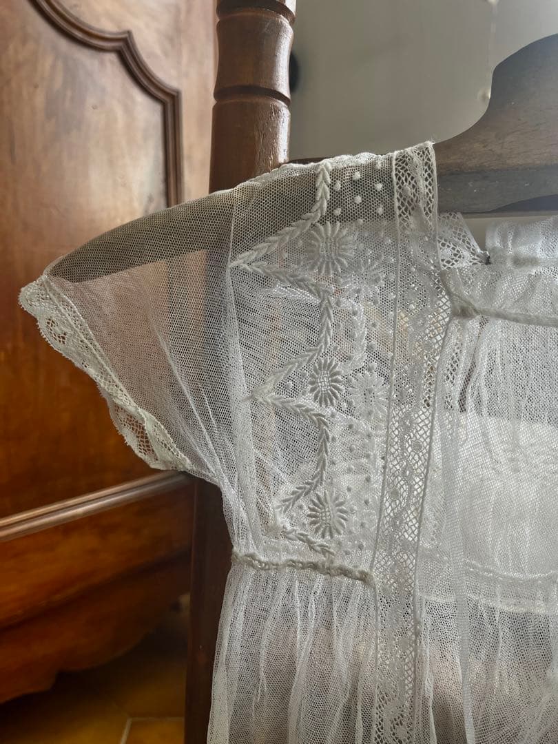 ◆フランスアンティーク｜セレモニーベビードレスB洗礼式白レース透け感テディベア