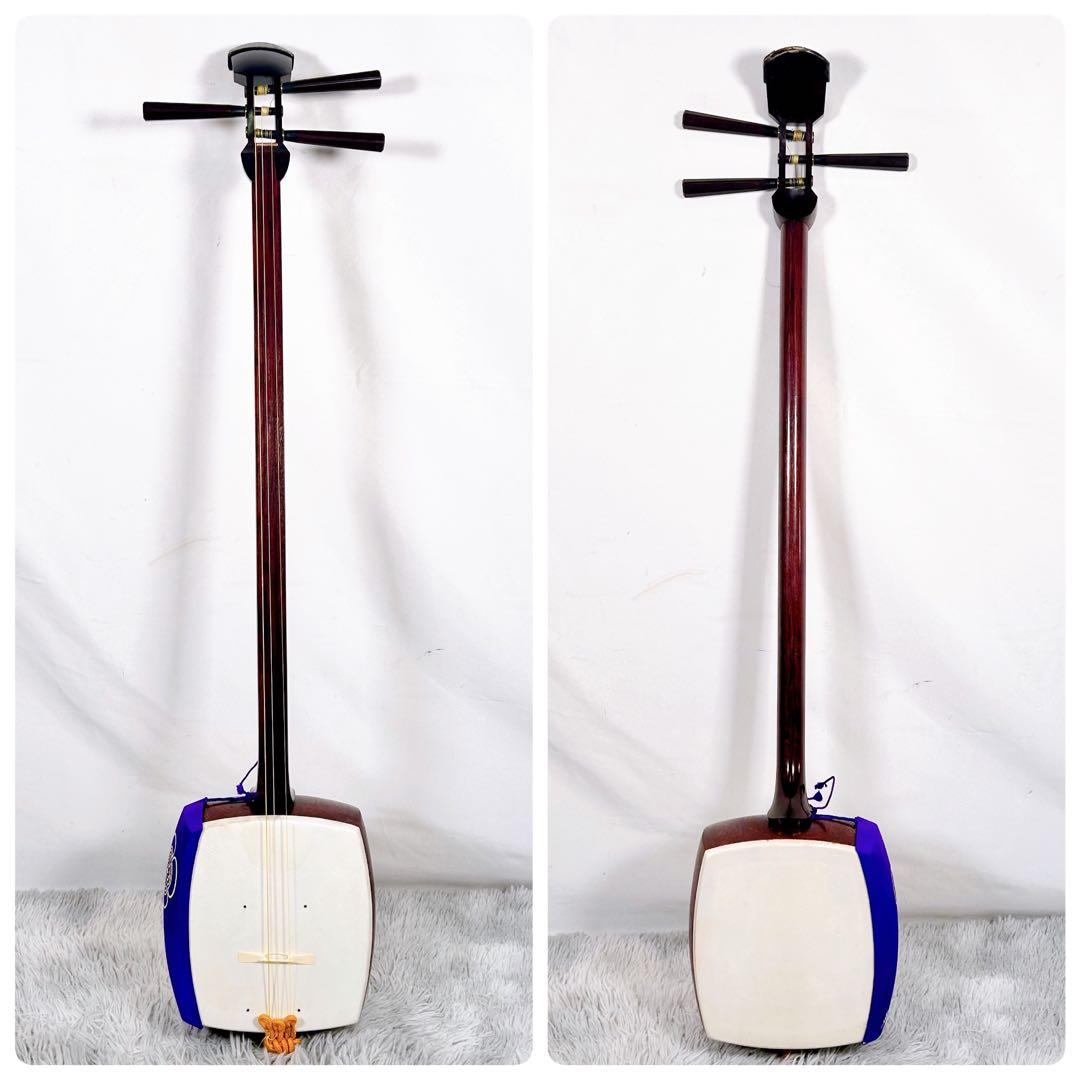 長唄三味線　中棹　紫檀　正寸　丸打胴　本皮　一本溝　皮破れなし　糸巻き紅木