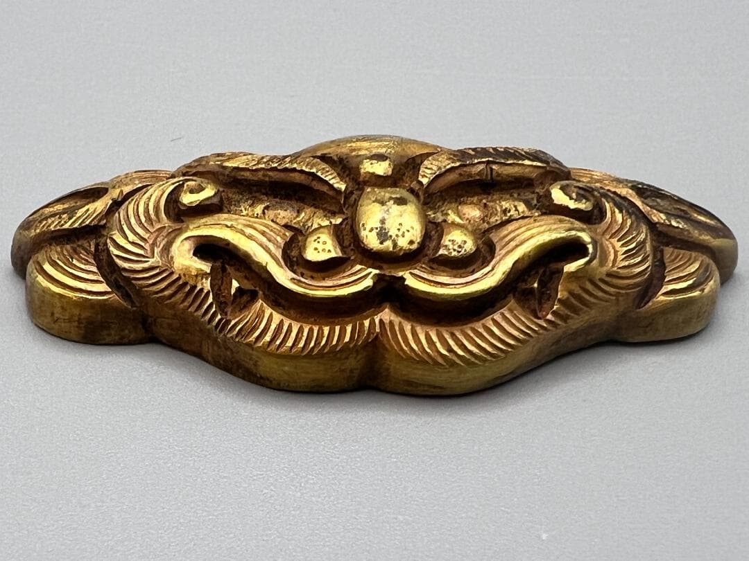 尾州藩士　江戸明治期　獅子顔形　手彫　大金具　銅製鍍金　骨董品