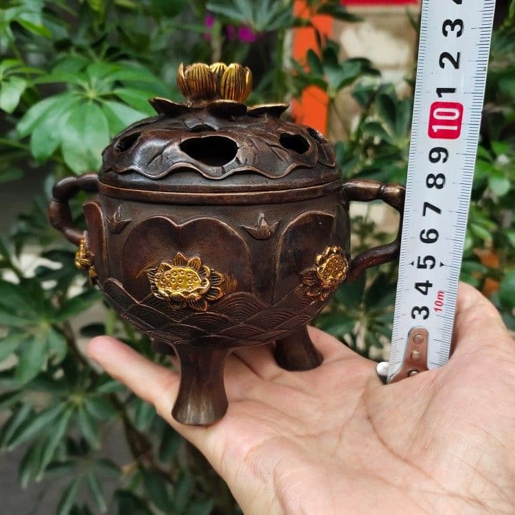 三本足の耳蓮華薫香炉 銅製 工芸品 美術品 置物