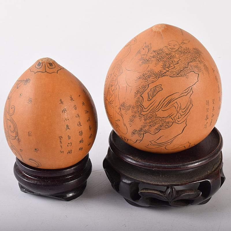 中国　漢詩西遊記刻　漢詩天女刻　丸瓢箪　唐木台付　2点　V　R7974