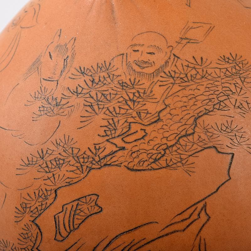 中国　漢詩西遊記刻　漢詩天女刻　丸瓢箪　唐木台付　2点　V　R7974