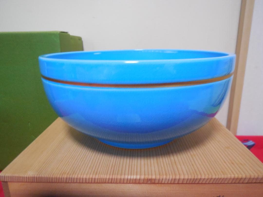 茶道具　　手塚桃峰 　浅黄交趾　　平水指　塗蓋8寸　共布共箱・しおり