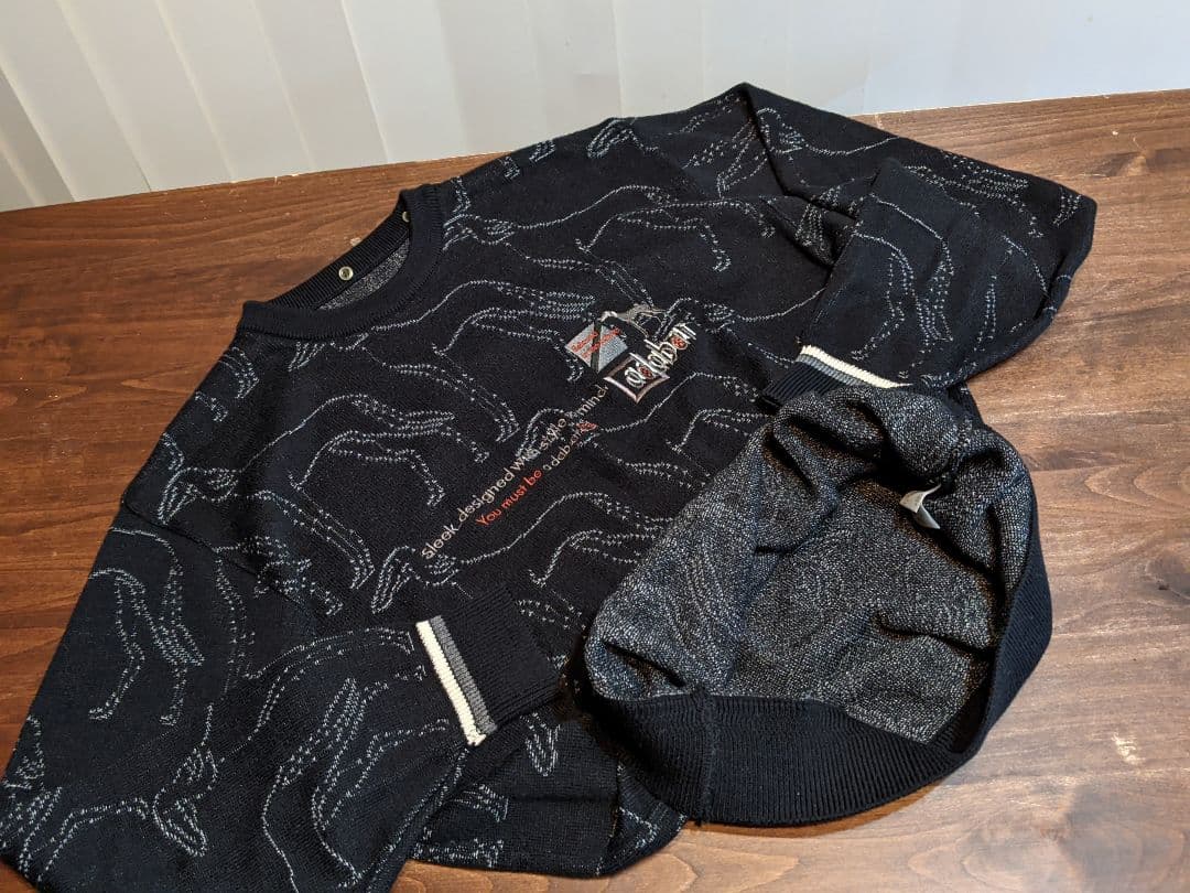 アダバット　クルーネック　毛　ウール　ニット　セーター　ゴルフ　総柄　ウェア　黒