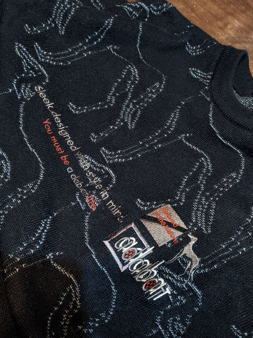 アダバット　クルーネック　毛　ウール　ニット　セーター　ゴルフ　総柄　ウェア　黒