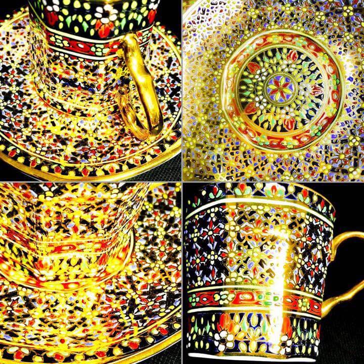 タイ王室御用達超高級手書き ベンジャロン焼 18K盛カップ＆ソーサー2客