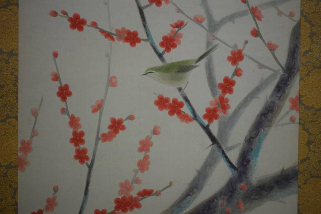 真作/樋口暘/紅梅鴬図/桐共箱二重箱付/布袋屋掛軸HD-920