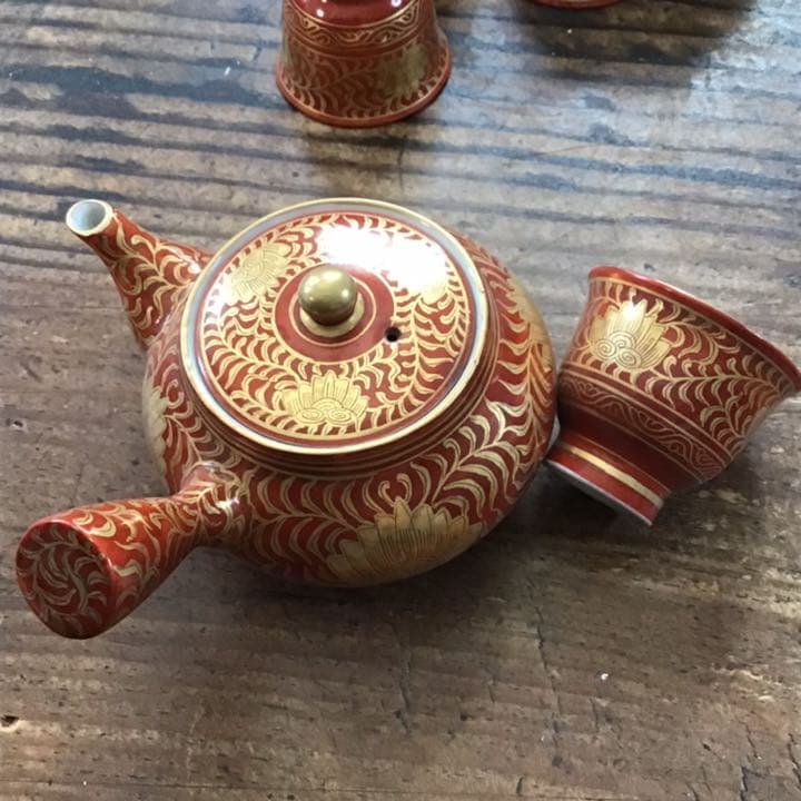 相上芳景　本金金蘭手唐草文煎茶器　茶具　玉露用　九谷焼　茶碗