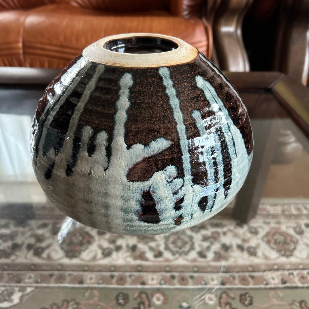 未使用品【日展国宝作家芝山吉邦　白黒釉花瓶 共箱 】貴重素晴らしいコレクション