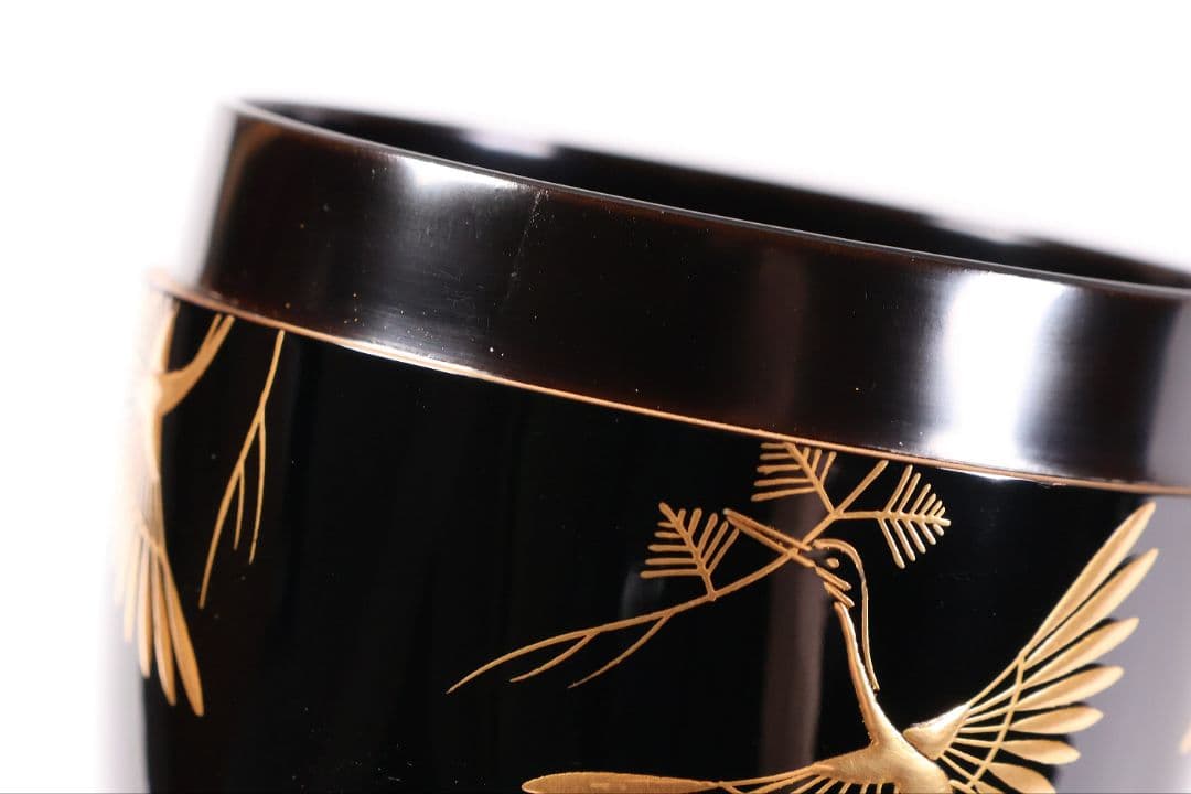 茶道具 新井司平「松喰鶴蒔絵」大棗 尋牛斎・書付 金蒔絵 木製【MA869】