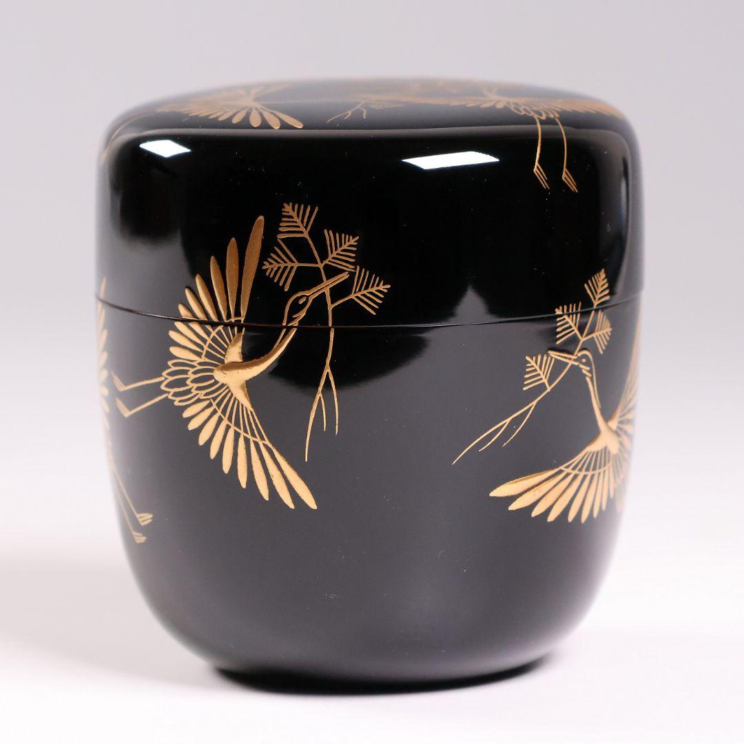 茶道具 新井司平「松喰鶴蒔絵」大棗 尋牛斎・書付 金蒔絵 木製【MA869】