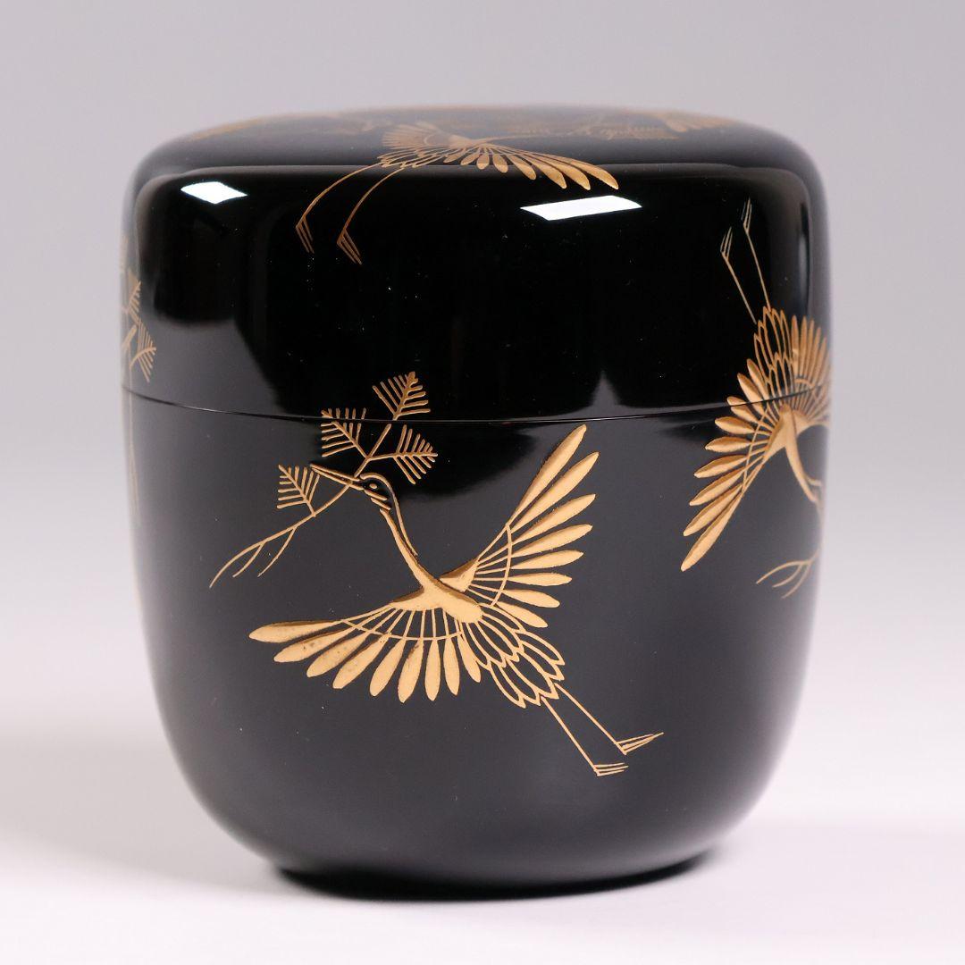 茶道具 新井司平「松喰鶴蒔絵」大棗 尋牛斎・書付 金蒔絵 木製【MA869】