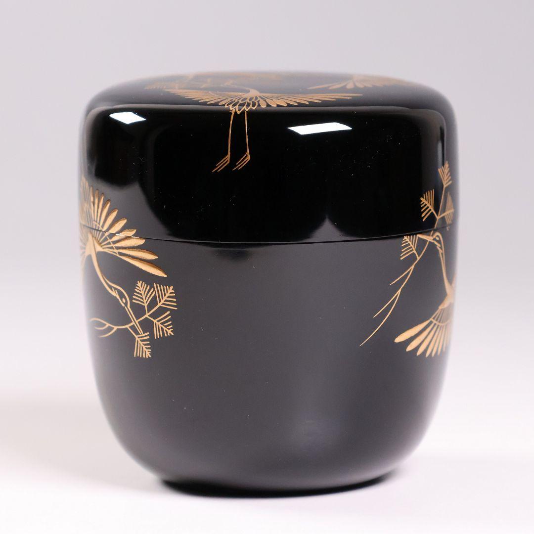茶道具 新井司平「松喰鶴蒔絵」大棗 尋牛斎・書付 金蒔絵 木製【MA869】