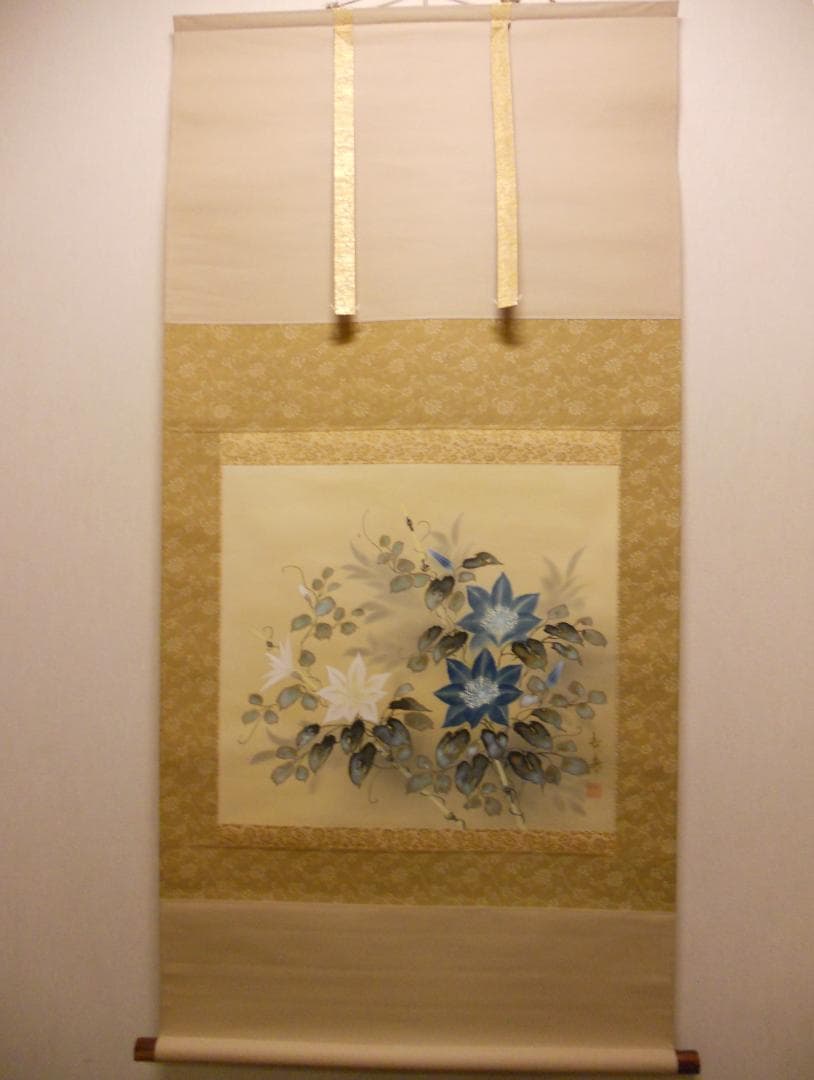 掛け軸 舟越長嘉 『 鉄線花 』 中島清堂 識箱 絹本 希少 茶道具 掛軸 美品