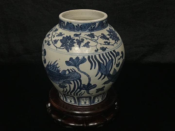 シノワズリ　ビンテージ　染付　鱼藻紋飾り大壷　花瓶　甕