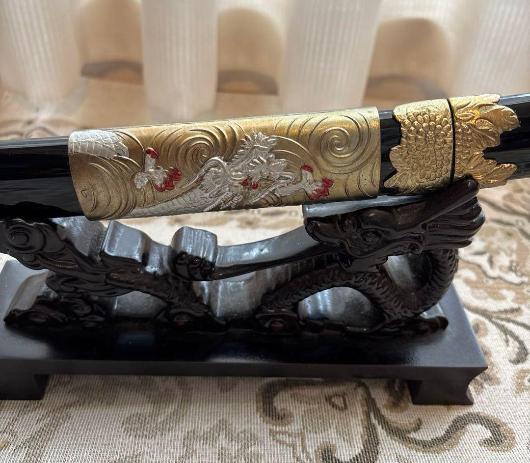 金色の龍、鶴 、亀 彫刻　刀掛け セット 模造刀