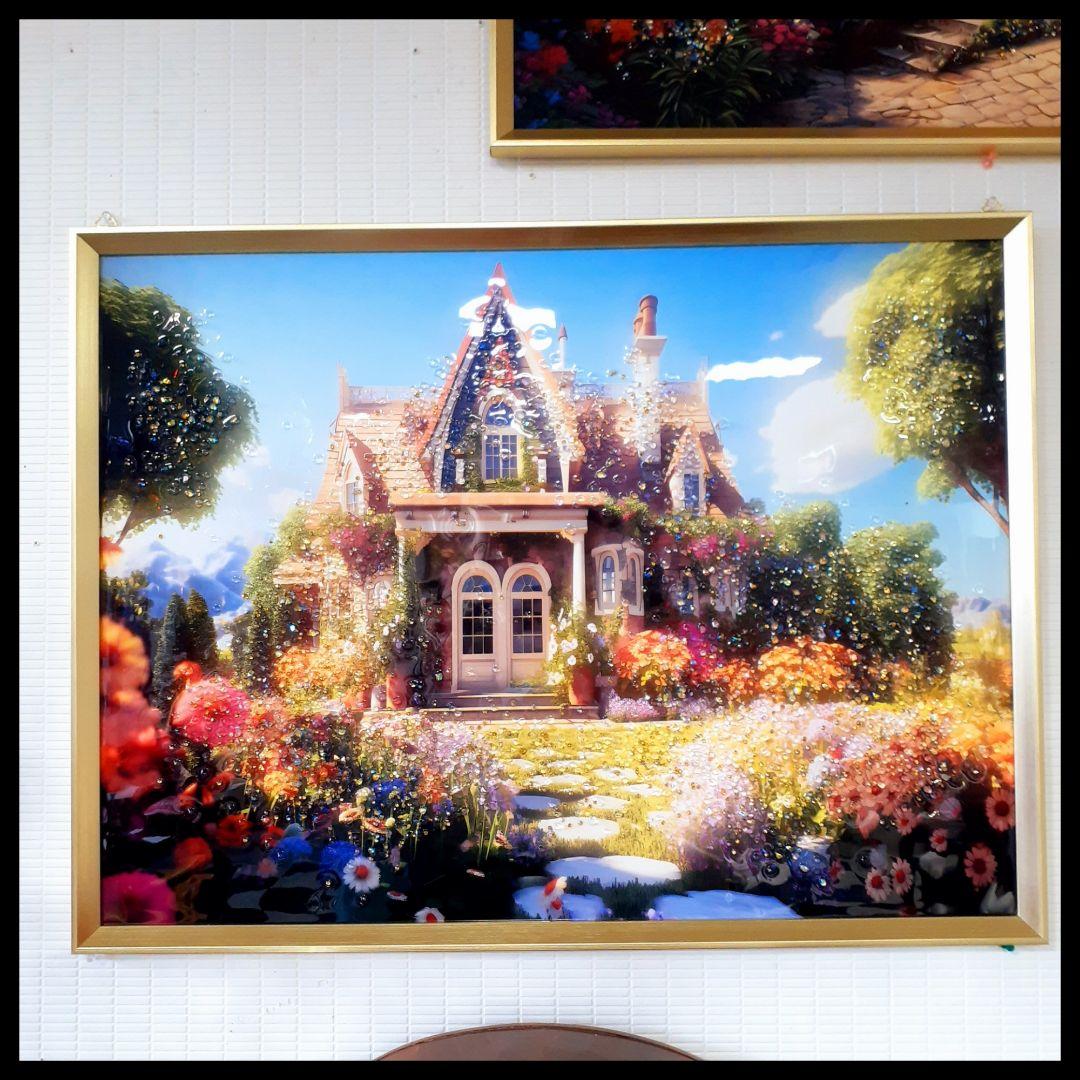 輸入雑貨　天然水晶石　『ヨーロッパ郊外・山奥の家』　クリスタルアート　ゴールド縁