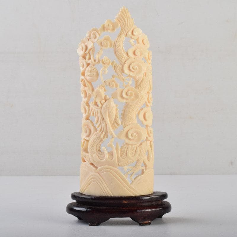 中国　獣骨製　雲龍透かし彫　硯屏　置物　唐木台付　N　9110