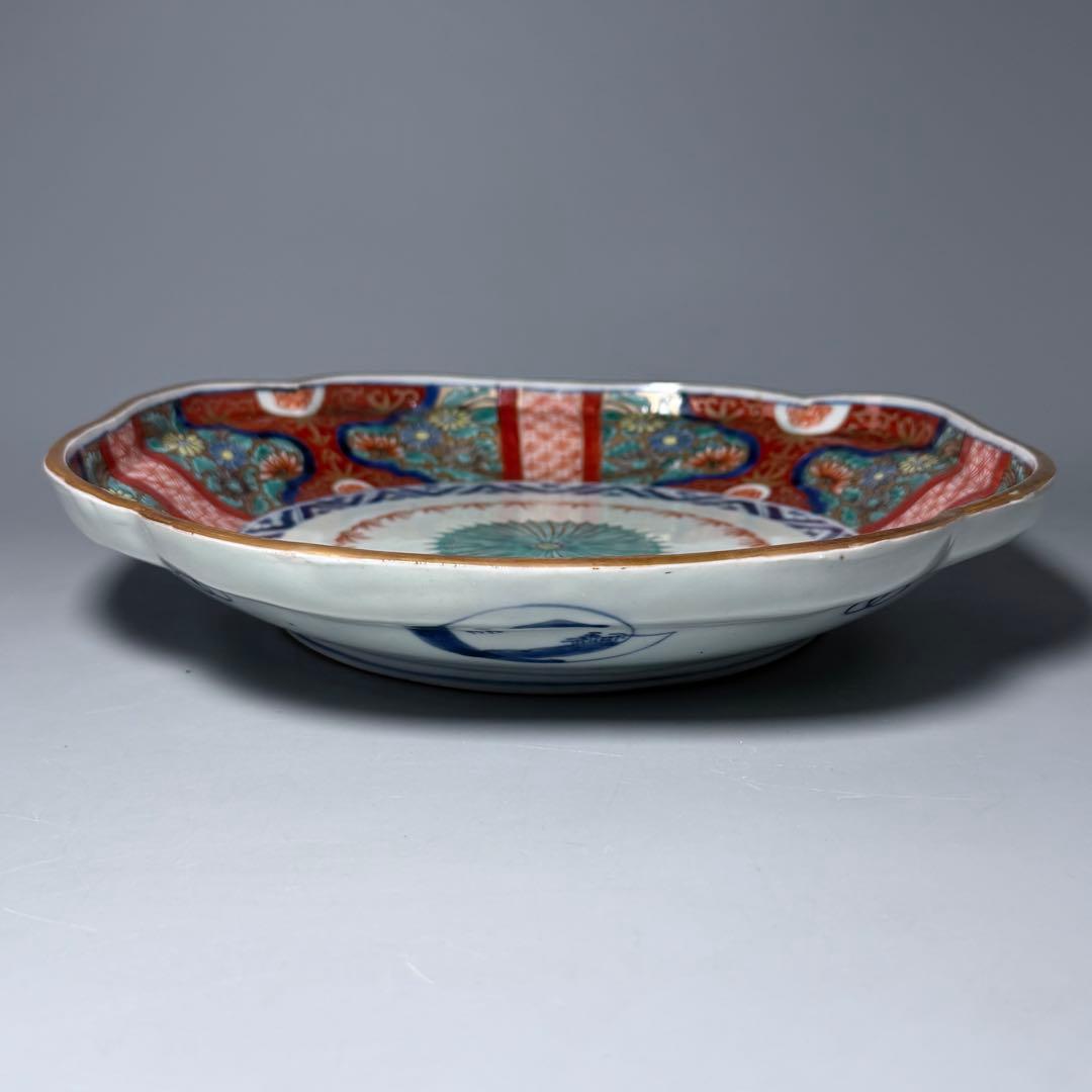 幕末〜明治期　色絵赤絵金蘭手変形皿　一辺26cm　古美術　豪商旧蔵品　古伊万里