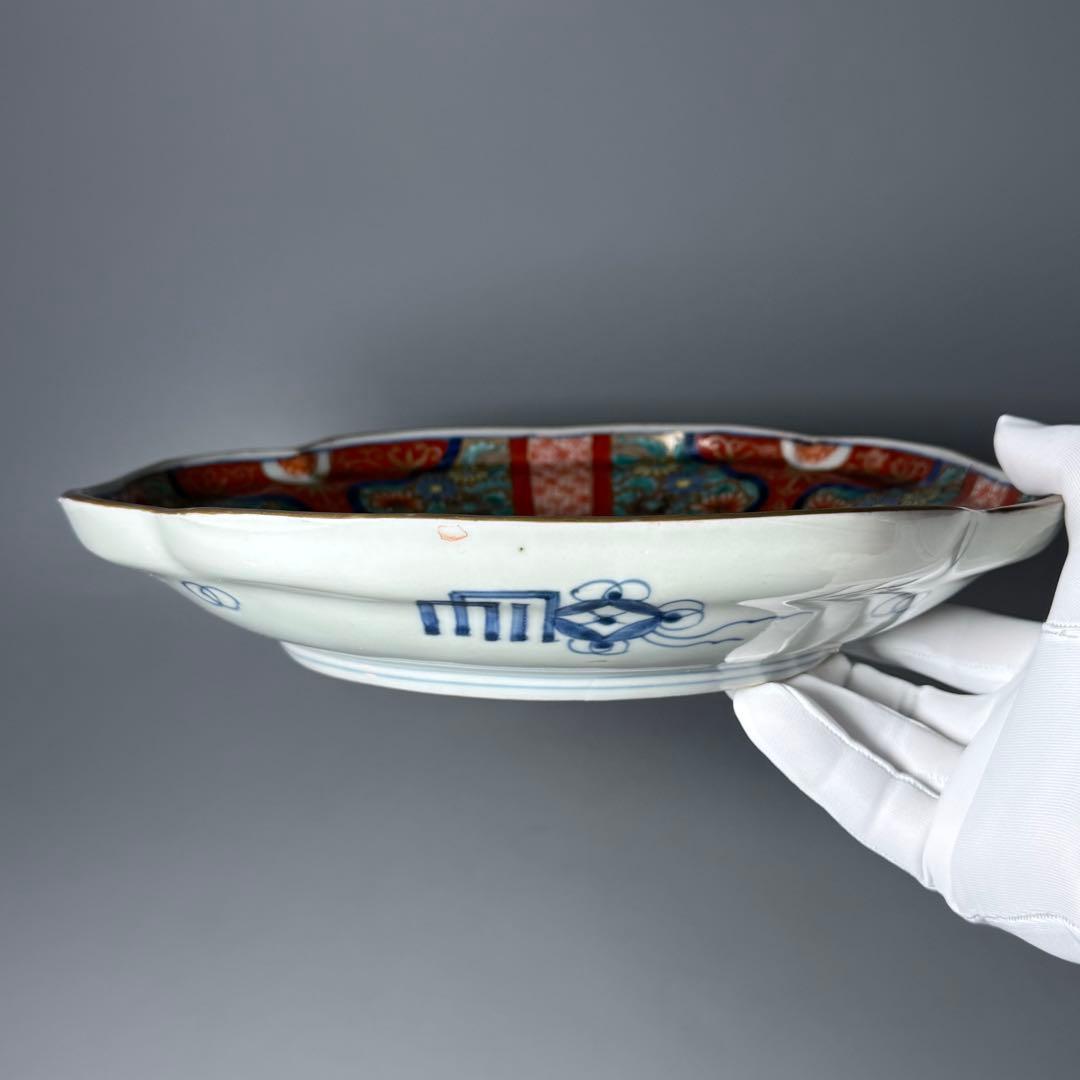 幕末〜明治期　色絵赤絵金蘭手変形皿　一辺26cm　古美術　豪商旧蔵品　古伊万里