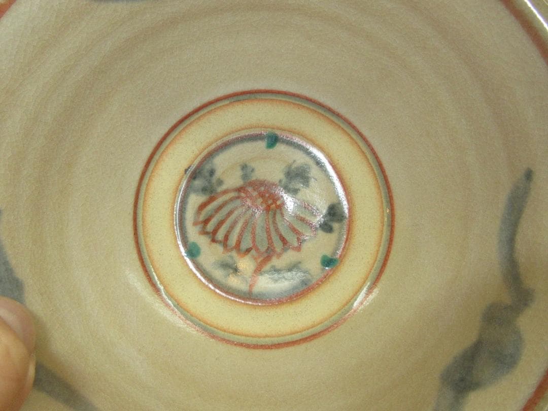 送料込【逢絢亭】茶道具 茶碗 京焼 紅安南写 菊の絵 花蝶窯 手塚石雲 共箱入り