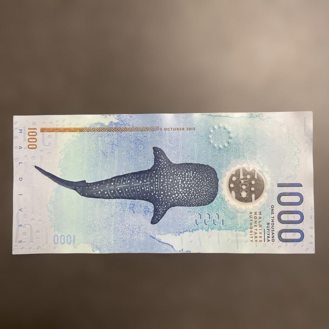 モルディブ紙幣1000ルフィヤ（MVR）紙幣（海亀・ジンベイザメ）