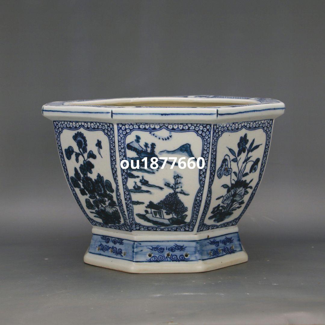 青花開窓山水花紋八方鉢 山野草鉢 多肉植物 植木鉢 小品大品盆栽鉢 陶器鉢置物