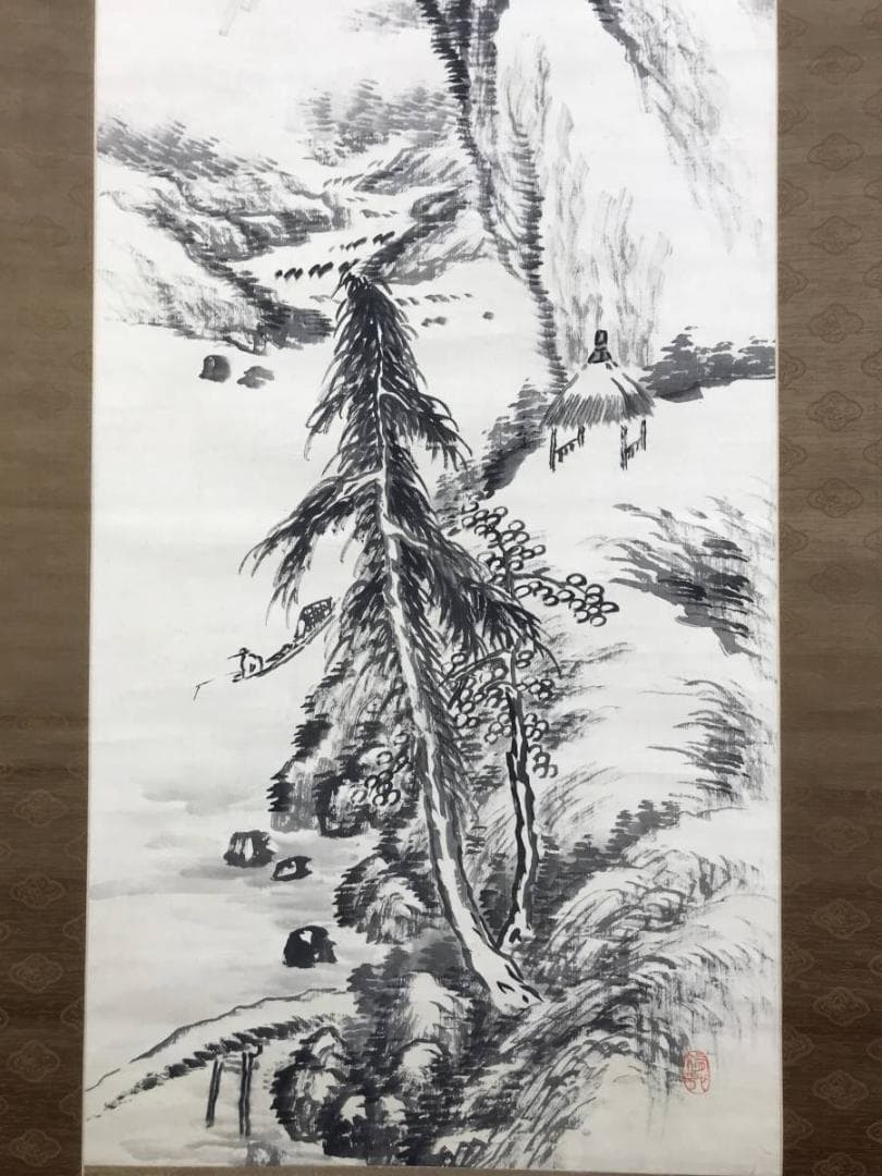 【真作】田近竹邨/山水釣舟画賛/山水図/漁舟図/掛軸☆宝船☆AD-490