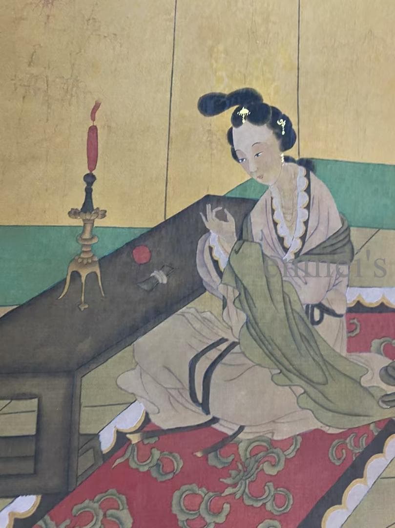 中国古美術 唐代 張萱款 青と金色の女性と提灯の掛軸 絹布 唐物 書画 水彩画