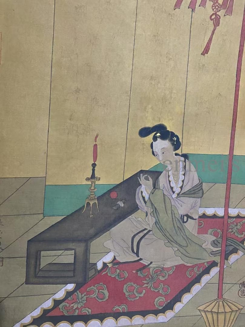 中国古美術 唐代 張萱款 青と金色の女性と提灯の掛軸 絹布 唐物 書画 水彩画