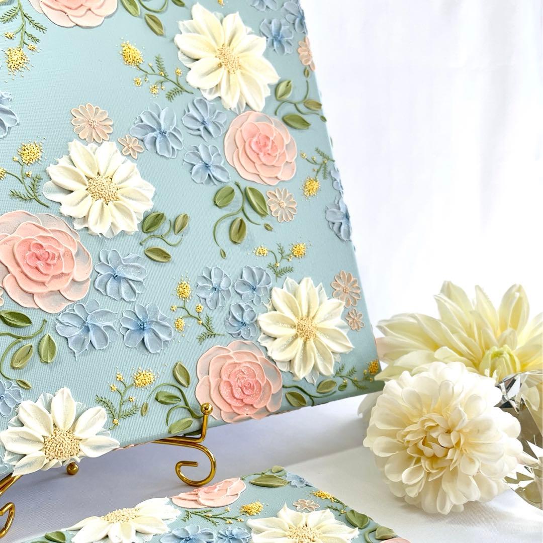 テクスチャーアート　絵画　インテリアアート　立体　花　絵　ミモザ　北欧