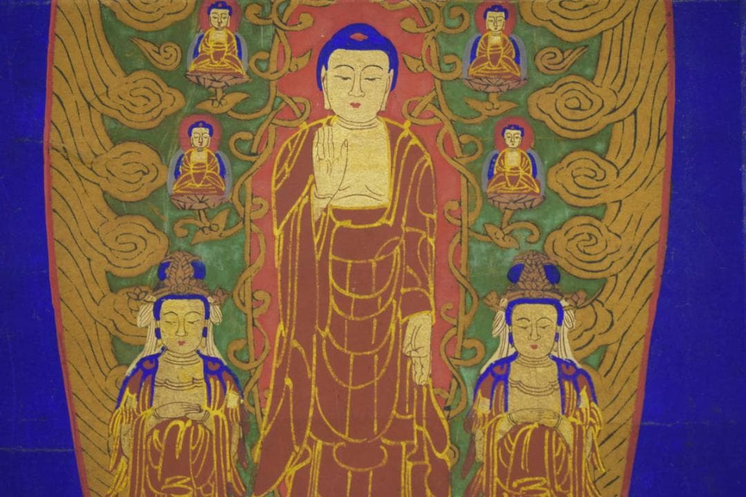 不詳/作者不明/釈迦三尊仏画/版材色/布袋屋掛軸HI-713