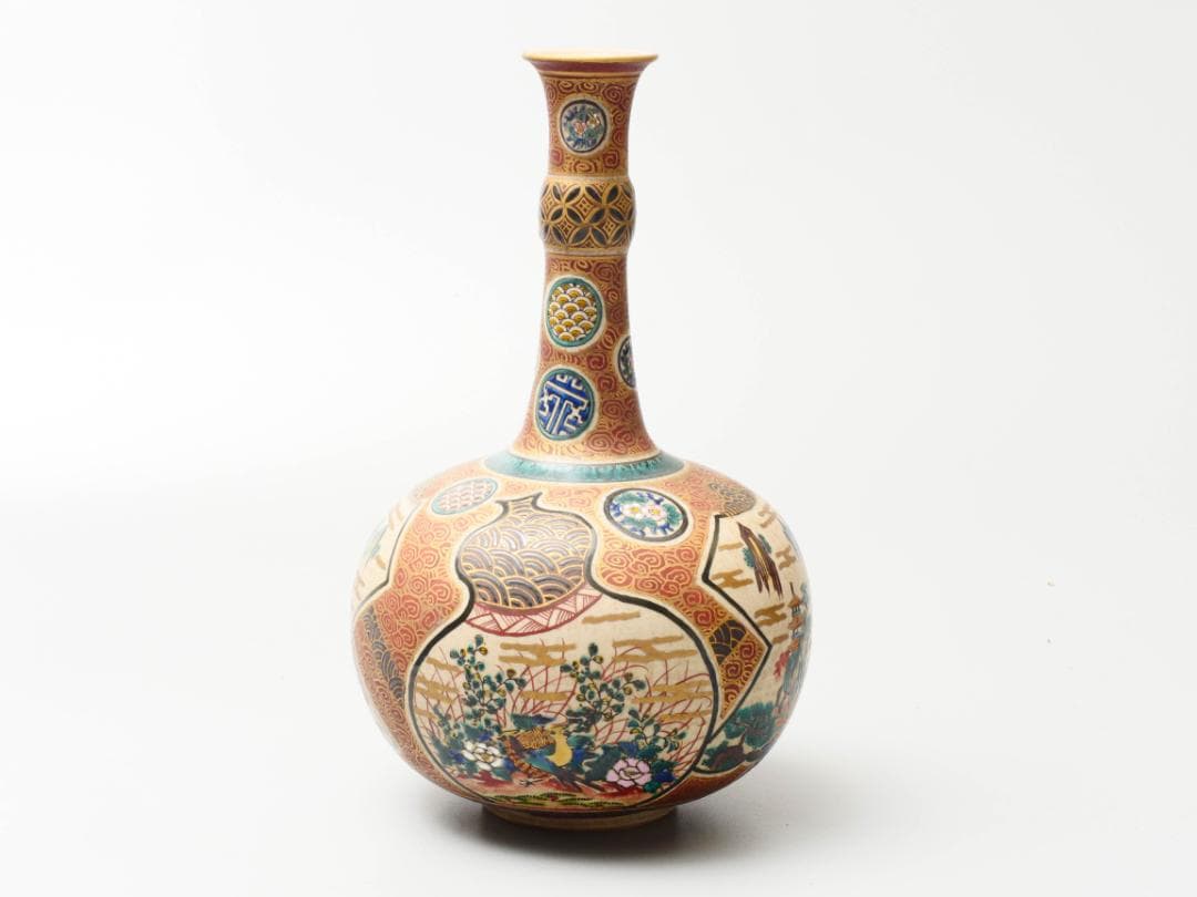 幕末名工 【九谷庄三】造 色絵金彩図変鶴首 花瓶 花器 高さ27.5ⅽm