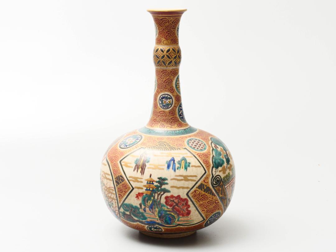 幕末名工 【九谷庄三】造 色絵金彩図変鶴首 花瓶 花器 高さ27.5ⅽm