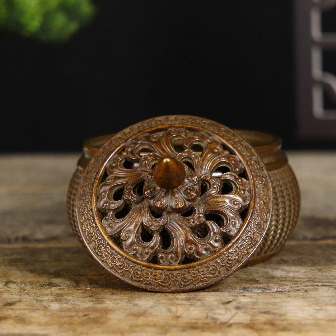 双獅耳竹細工蓋薫香炉 铜香炉 茶道置物