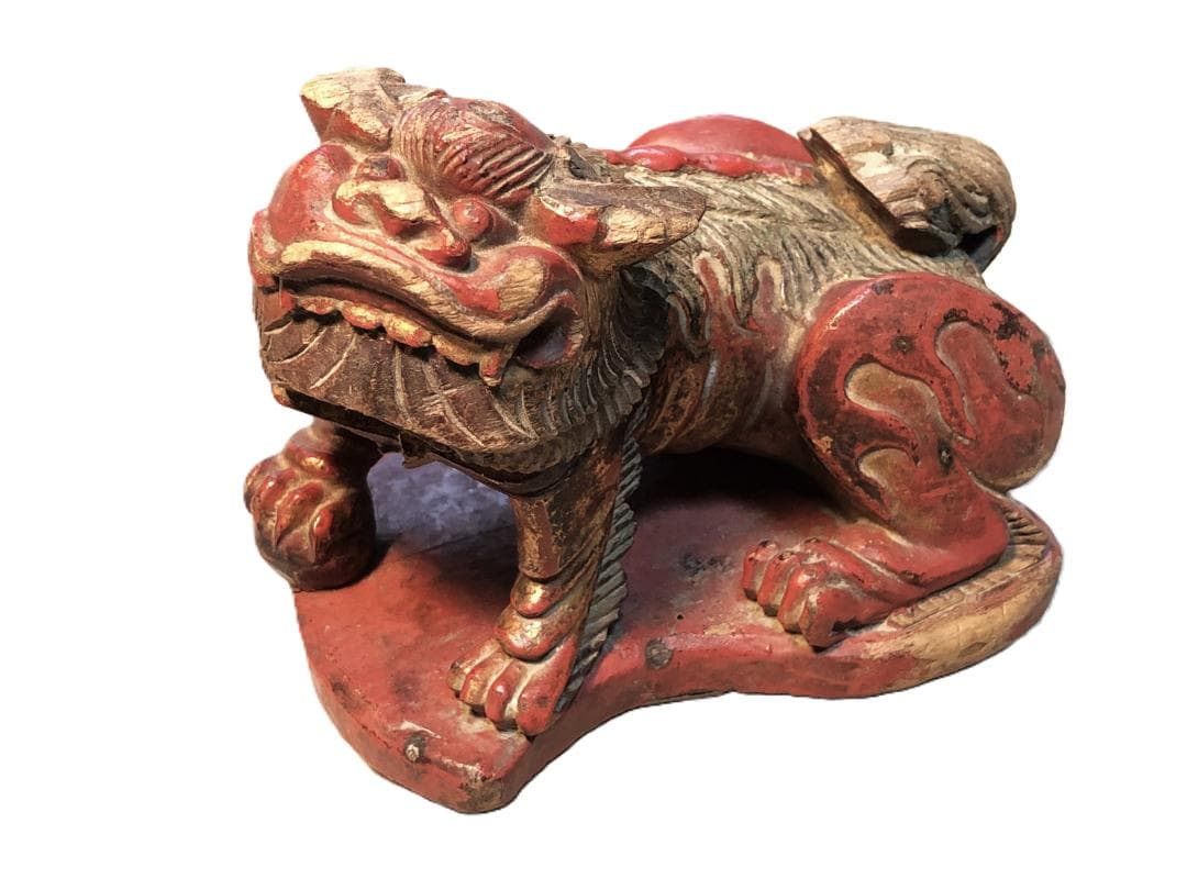 【 木彫金朱漆塗玉獅子 】　江戸時代