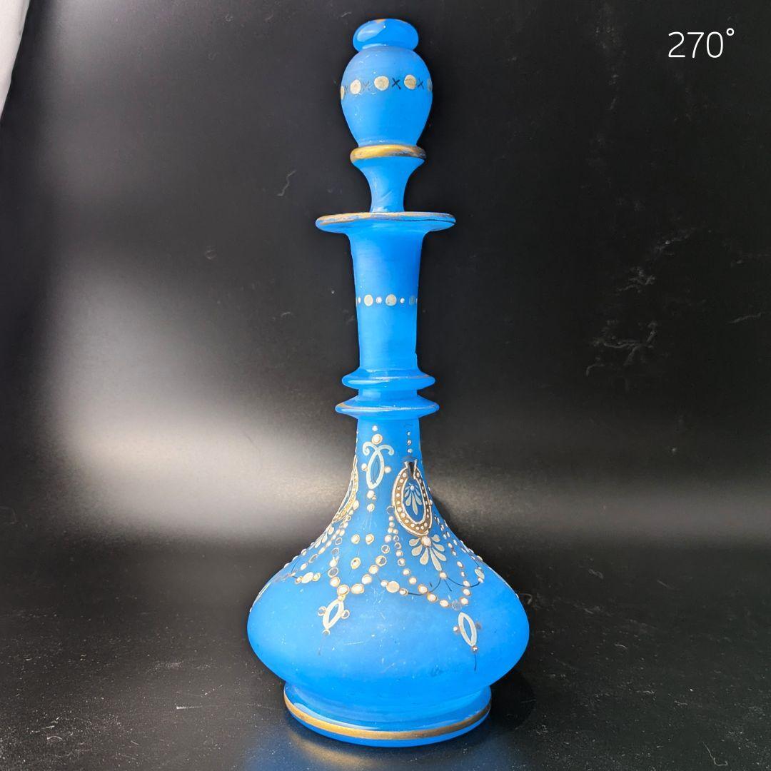 オールドバカラ 青オパーリンガラス 大型香水瓶 エナメル＆金彩ジュエル紋