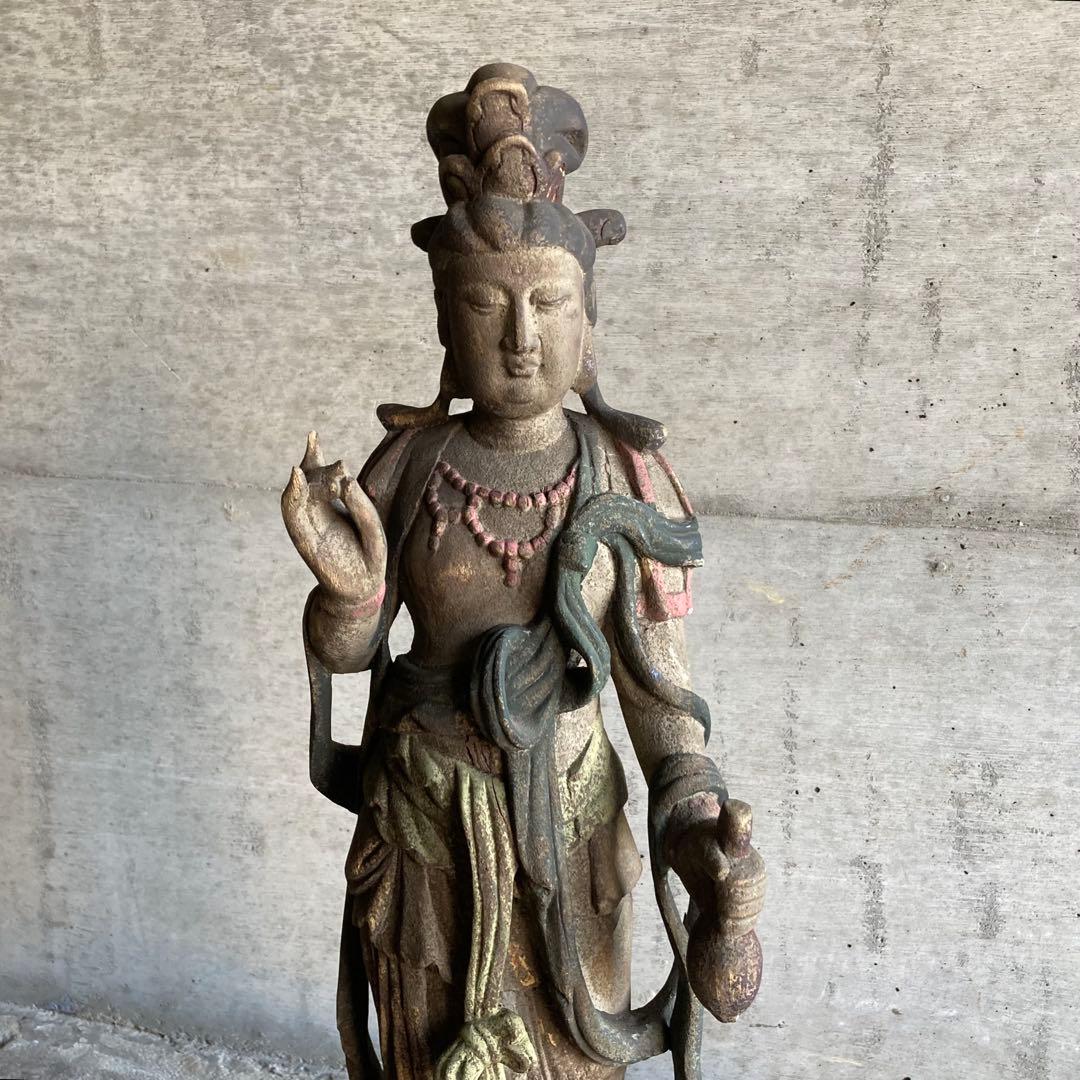 古い仏像 観音菩薩 立像 木製 木彫り 彫刻 置物 古美術 骨董品 レトロ