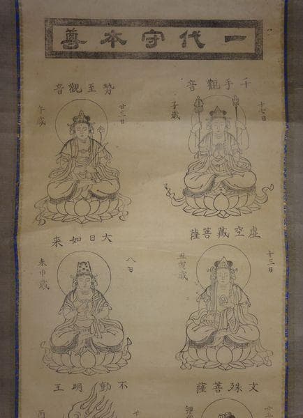 稀少 アンティーク 神社 干支曼荼羅 十二支御守本尊 子年 千手観音 紙本 掛軸