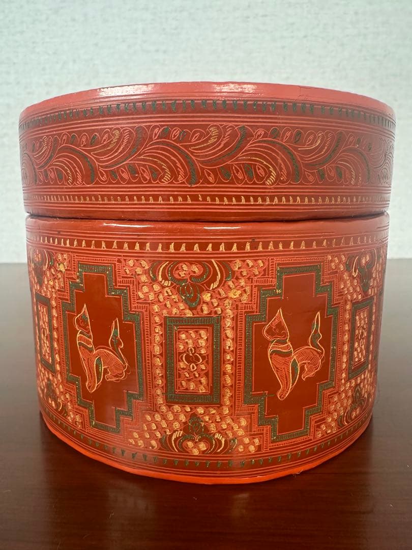 ミャンマー アンティーク 漆器 蒟醤 ビルマ 細密画 3段入れ子容器 ※31※