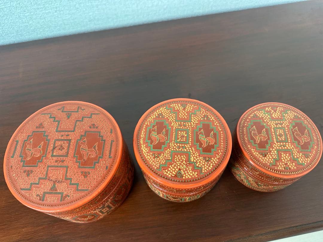 ミャンマー アンティーク 漆器 蒟醤 ビルマ 細密画 3段入れ子容器 ※31※