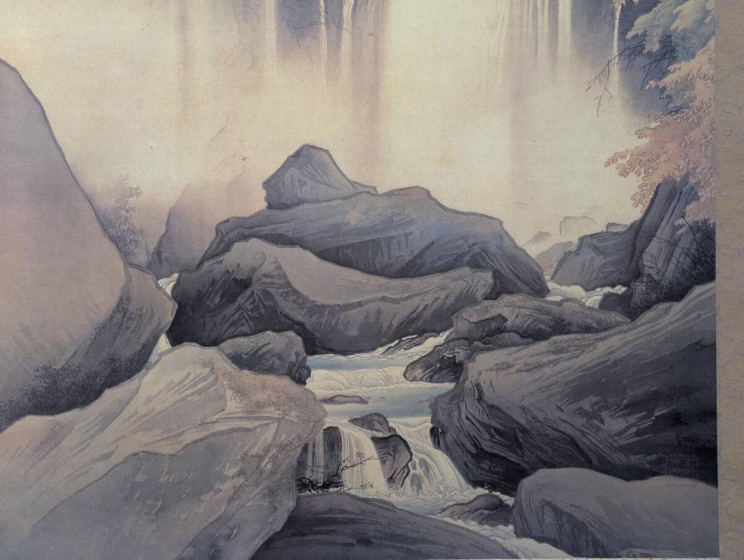 【真作】【複製】掛軸　川合玉堂　工芸画　日光浦見瀧　紅葉と瀑布　箱入　S111